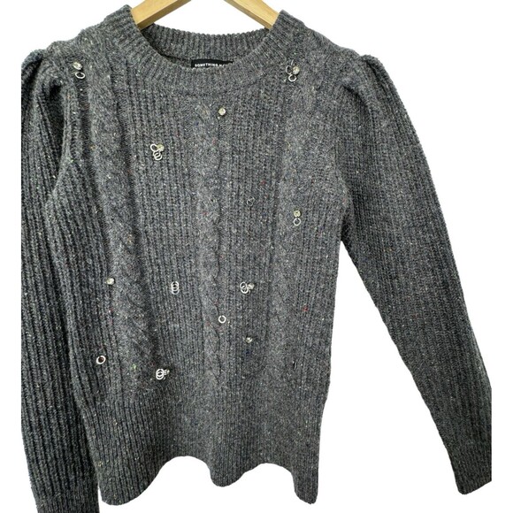Something Navy Womens Cable Knit Sweater XS Gray Puff Sleeve Bling Wool Preppy - Picture 6 of 14